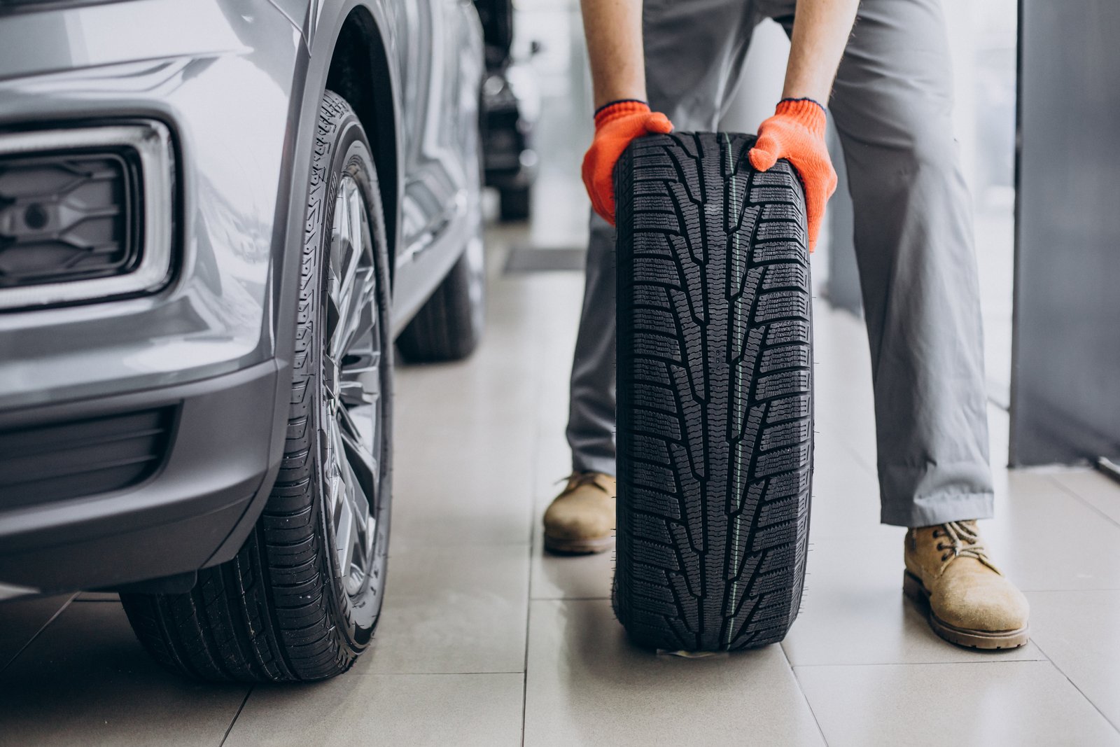 Mechanic changing tires in a service bay